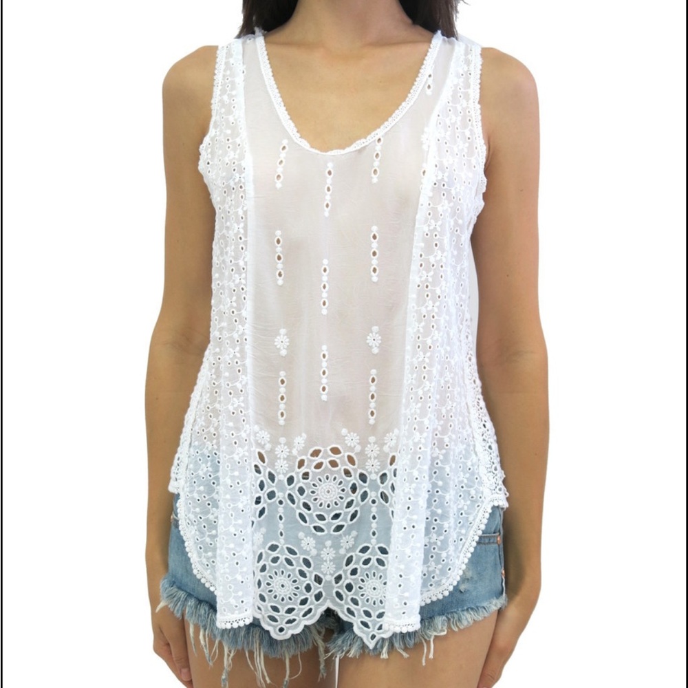 Johnny Was White Lace Trim Top
